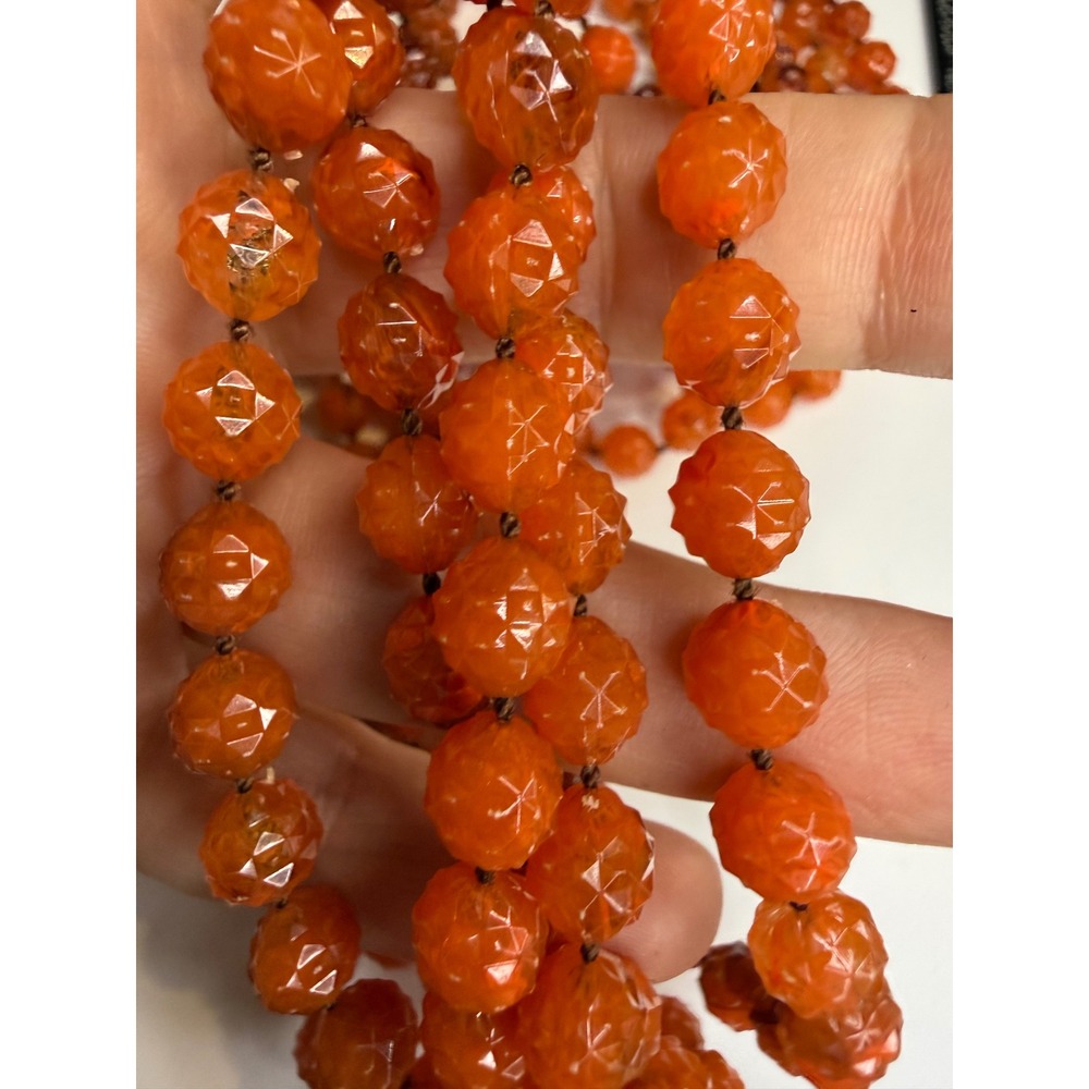 Orange Faceted Bead Multi Strand Necklace Gold Tone Filigree Box Clasp 18in